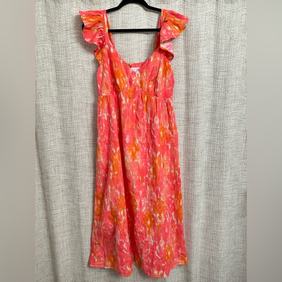 Time And Tru Ruffle Flutter Sleeve V-Neck Midi Dress Pink Orange Medium NWT - Picture 3 of 3